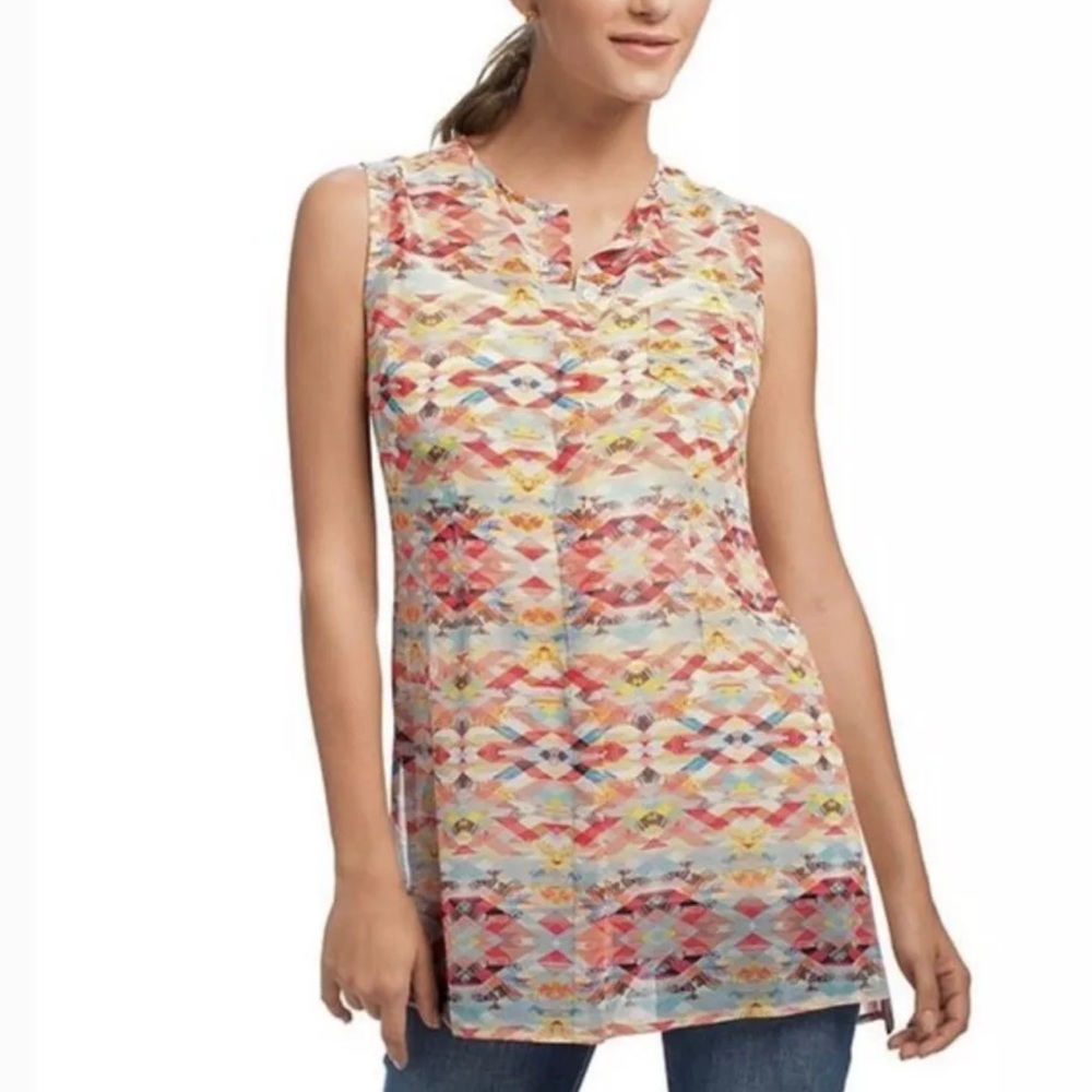 CAbi Avery Sheer Tunic Top Multicolor Aztec Geometric Boho Sleeveless size XS